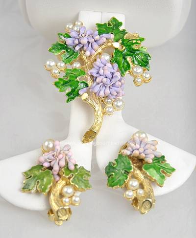 Enchanting Vintage Signed FLORENZA Floral Sprig Brooch and Earring Set