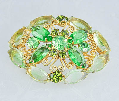 Resplendent Vintage DELIZZA and ELSTER Green Rhinestone Scroll Brooch~ BOOK PIECE