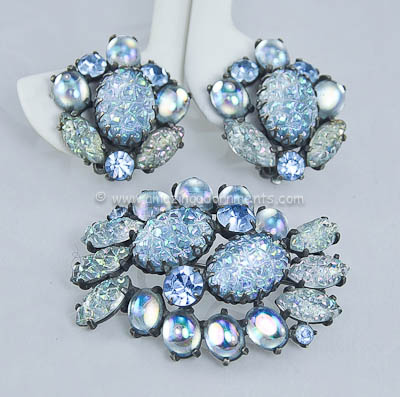 Exceptional Vintage Blue Lava Glass and Rhinestone Set Signed SCHIAPARELLI