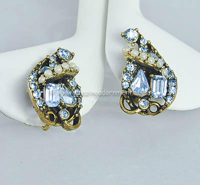 Vintage Signed HOLLYCRAFT 1953 Blue Rhinestone and Faux Pearl Earrings