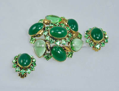 Exquisite Vintage Signed SCHREINER Green Glass Demi-parure