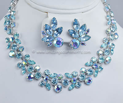 Vintage Signed Weiss Aqua Blue Rhinestone Necklace and Earring Set