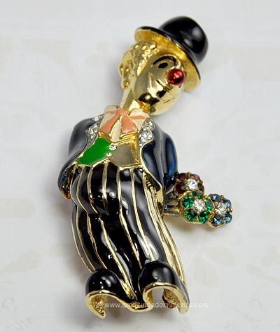 Delightful Large 3- D Enamel and Rhinestone Clown Brooch Signed JOMAZ