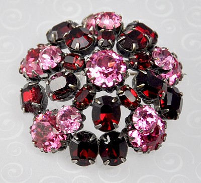 Vibrant Domed Red and Pink Rhinestone Brooch Signed SCHREINER