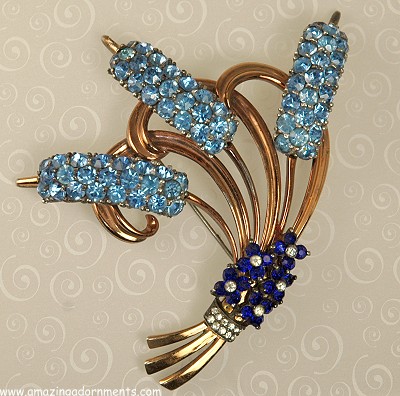 WOWZA! 1940s Sterling Triple Bullrushes Rhinestone Brooch Signed PENNINO