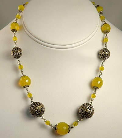Vintage Imported BOHEMIAN Glass, Brass and Faux Pearl Necklace