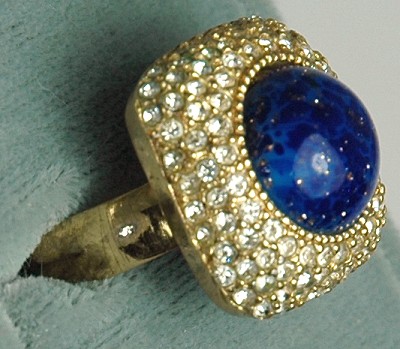 Vintage Rhinestone and Blue Stone Finger Ring Signed GROSSE Germany