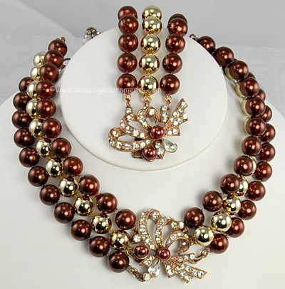 Vibrant Vintage Bead Necklace and Bracelet Set with Rhinestones Signed ST. LABRE