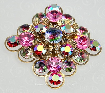Vintage Red and Pink Rhinestone Brooch Signed Cathe
