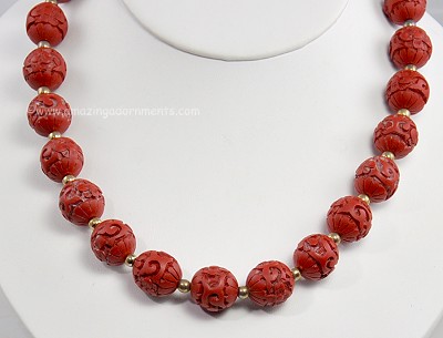 Vintage Carved Brick Red Cinnabar Bead Necklace