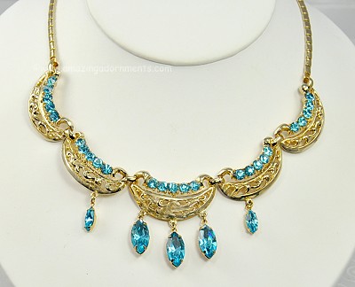 Refined Vintage Aqua Rhinestone Necklace with Navette Drops Signed CORO