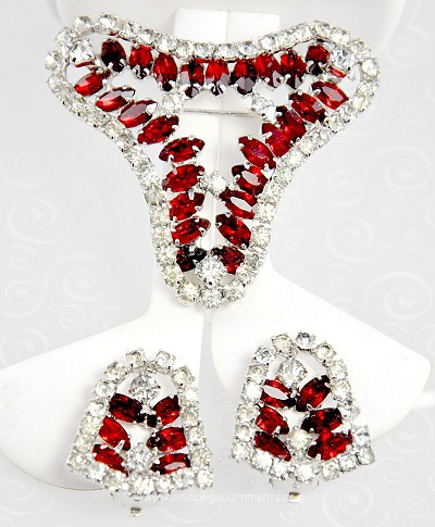 Vintage Signed CONTINENTAL Red and Clear Rhinestone Demi- parure