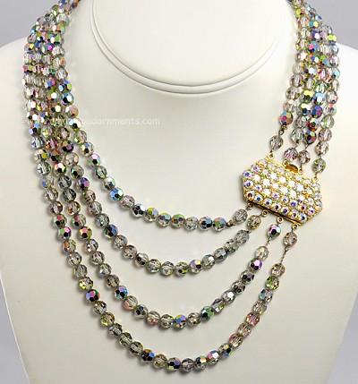 Magnificent Four Strand Crystal Necklace with Showy Rhinestone Clasp
