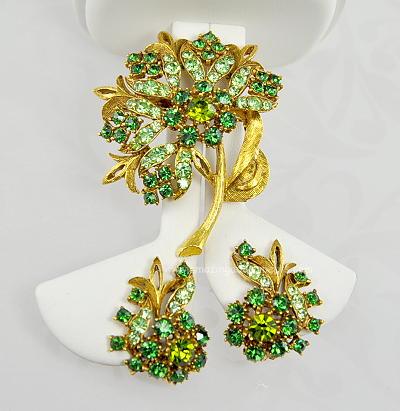 Superb Vintage Rhinestone Floral Brooch and Earring Set Signed FLORENZA