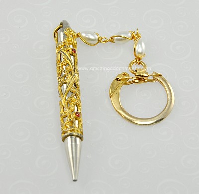 Vintage Elaborate Pen Motif Key Ring with Colored Stones