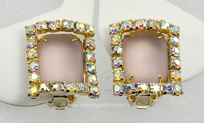 Vintage Frosted Glass and Aurora Borealis Rhinestone Earrings