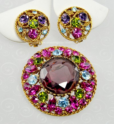 Regal Vintage Rhinestone and Glass Brooch and Earring Set Signed REGENCY