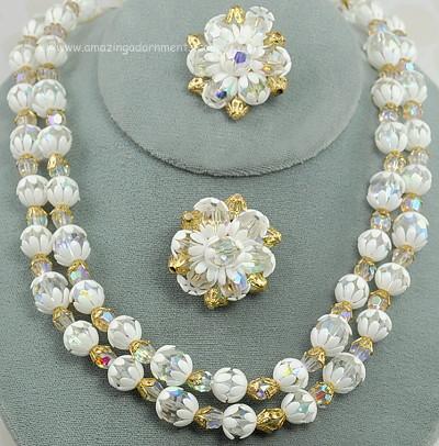 Magnificent Capped Crystal Bead Double Strand Necklace and Earring Set