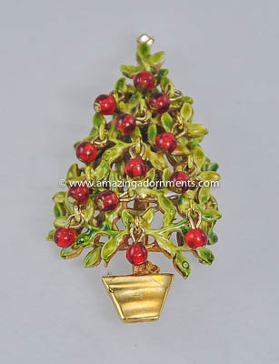 Vintage Enamel and Dangling Glass Ball Christmas Tree Pin Signed ORIGINAL BY ROBERT~ BOOK PIECE