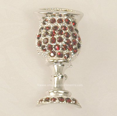 Endearing Miniature Chalice Pin with Ruby Red Rhinestones Signed ORA