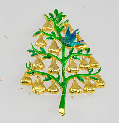 Festive Vintage Partridge in a Pear Tree Christmas Pin Signed CADORO ~ BOOK PIECE