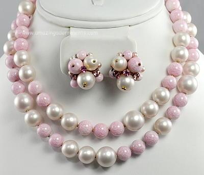 Feminine Pink Crackle Glass, Rhinestone and Faux Pearl Demi Parure Signed DEMARIO