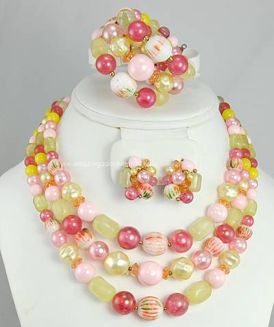 Summery Vintage Bead Necklace, Earring and Bracelet Parure Signed KARU ARKE