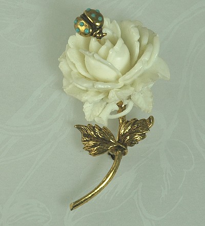 White Celluloid Rose Brooch with Lady Bug Signed PAULINE RADER