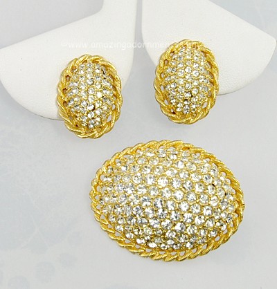 Vintage Domed Pave Set Rhinestone Brooch and Earring Set Signed DENICOLA