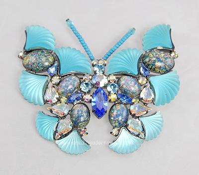 Gigantic Aqua Glass and Rhinestone Butterfly Brooch Signed BUTLER and WILSON