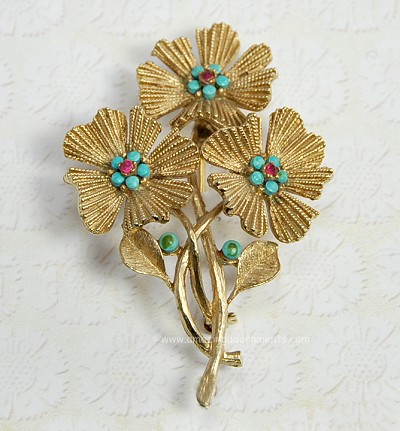 Vintage 3 Stemmed Floral Brooch with Faux Turquoise and Red Rhinestones Signed CAPRI