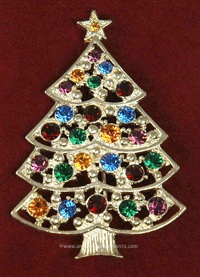 Festive Multi- Colored Rhinestone Christmas Tree Pin Signed EISENBERG ICE