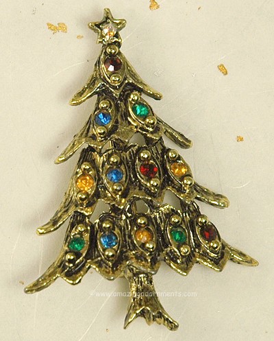 Antiqued Gold- tone Metal and Rhinestone Christmas Tree Pin