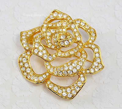 Eye-catching Pave Crystal Rose Brooch Signed ELIZABETH TAYLOR for AVON