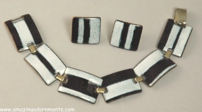 KAY DENNING Black and White Enamel on Copper Bracelet and Earring Set