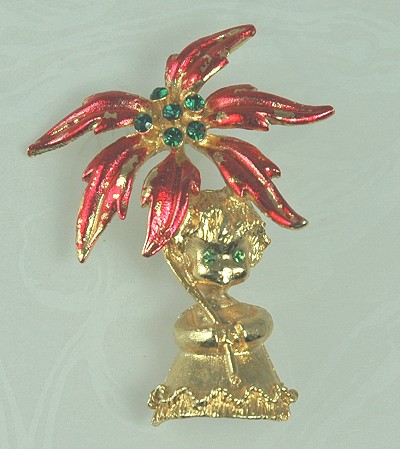 Poinsettia Topped Cherub Pin Signed MYLU