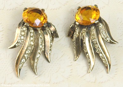 Vintage Signed CROWN TRIFARI Sterling Clear and Topaz Rhinestone Flame Earrings