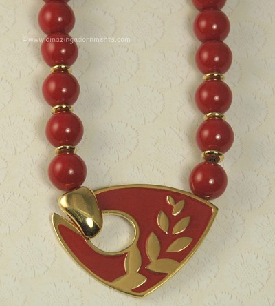 Polished Vintage ca.1970s Signed TRIFARI Red Enamel Necklace
