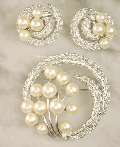 Sensational Faux Pearl Brooch and Earring Set Signed CROWN TRIFARI with Box