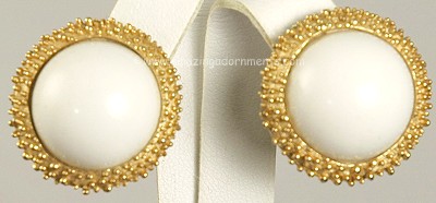 Ageless Signed CROWN TRIFARI Domed White Cabochon Earrings