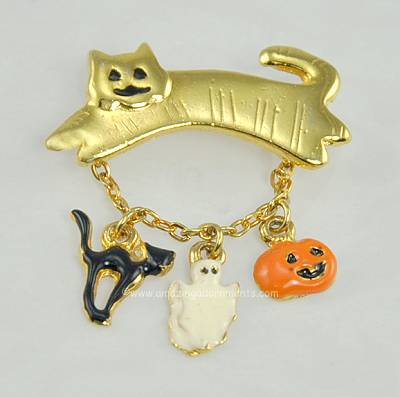 Unsigned Halloween Cat Pin with Pumpkin, Ghost and Black Cat Dangle Charms