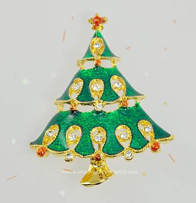 Delightful Tiered Green and Red Enamel Christmas Tree Pin with Rhinestones