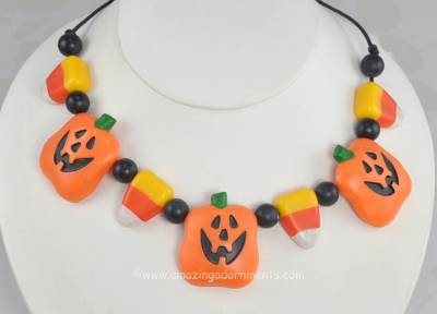 Ghastly Halloween Pumpkin and Candy Corn Necklace Signed HALLMARK CARDS 1988