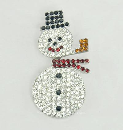 Frosty Clear Rhinestone Snowman Christmas or Winter Pin with Moving Head