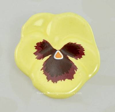 Flattering Vintage Signed AVON Yellow Ceramic Pansy Flower Pin with Brown Beard