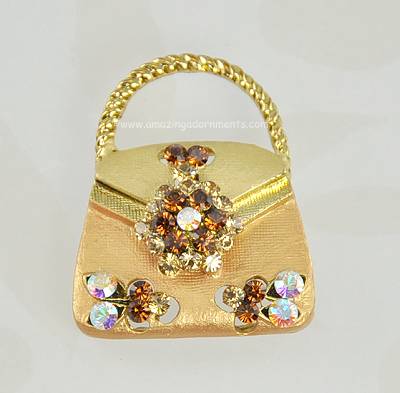 Adorable Vintage Rhinestone Studded Handbag Purse Pin