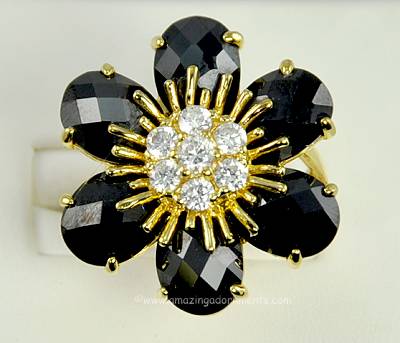 So Now Black Glass and Clear Rhinestone Flower Finger Ring