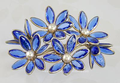 Verdant Vintage Blue Glass and Faux Pearl Floral Brooch