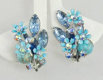 Notable Vintage Blue Rhinestone and Enamel Designer Look Floral Earrings
