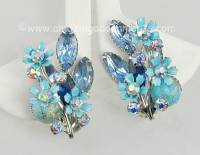 Notable Vintage Blue Rhinestone and Enamel Designer Look Floral Earrings